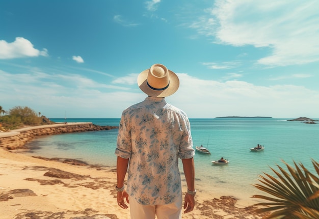 achteraanzicht jonge toeristische man in zomerjurk en hoed staande op het prachtige zandstrand genieten