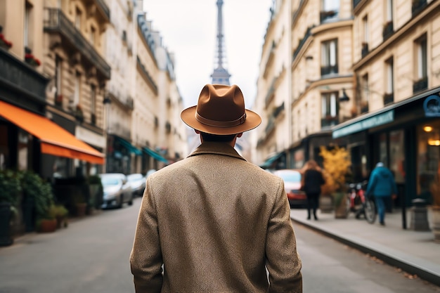 achteraanzicht man met hoed wandelen door de straten van parijs reizen man met landschapsreisblog