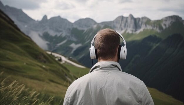 Achteraanzicht Man met koptelefoon in de bergen in de natuur mediteert, ontspant en zorgt voor de door AI gegenereerde geestelijke gezondheid