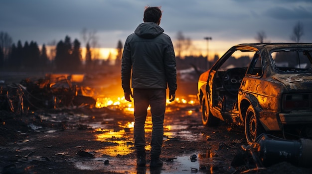 Foto achteraanzicht man staande voor een kapotte suv op de weg generatieve ai