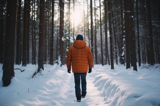 achteraanzicht man Wandeling in het winterbos