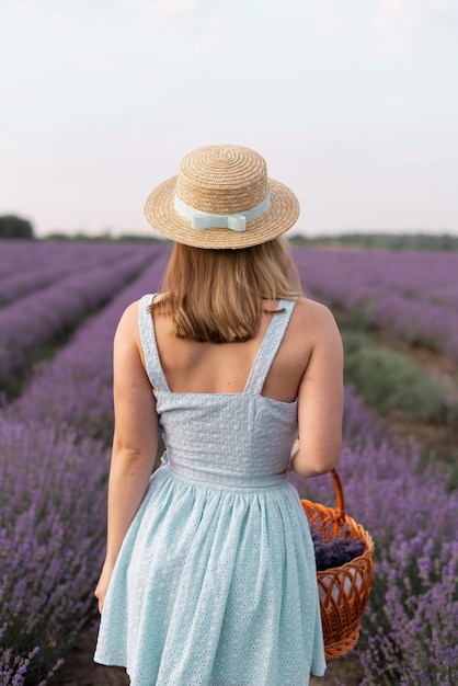 Achteraanzicht portret van stijlvolle brunette vrouw in stro hoed wandelen buiten op Lavendel veld. Brunette met picknickmand ontmoet de zonsondergang, geniet van de frisse lucht, het prachtige natuurconcept.