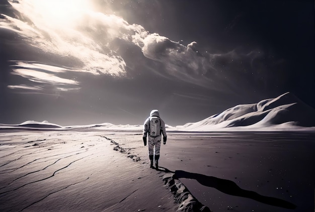 Foto achteraanzicht van astronaut met maan in de ruimte achtergrond mensen en wetenschap technologie concept digitale kunst illustratie thema generatieve ai