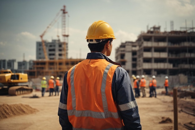 Achteraanzicht van burgerlijk ingenieur die bouwplaats bekijkt met gebouw in aanbouw