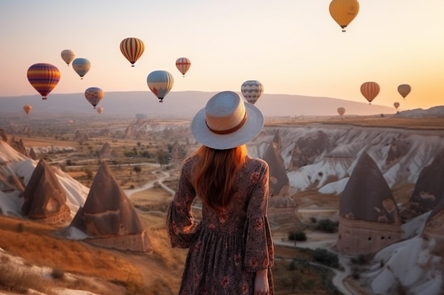 achteraanzicht van de jonge vrouw bewondert het landschap van heteluchtballonnen die over de liefdesvallei vliegen met rotsformaat