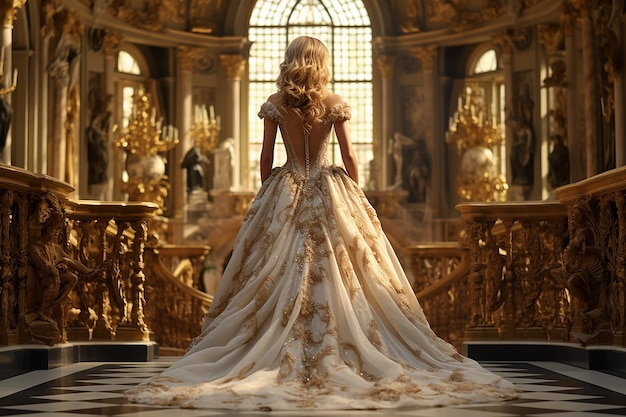 Achteraanzicht van de koningin in luxe witte jurk in het paleis AI Genative