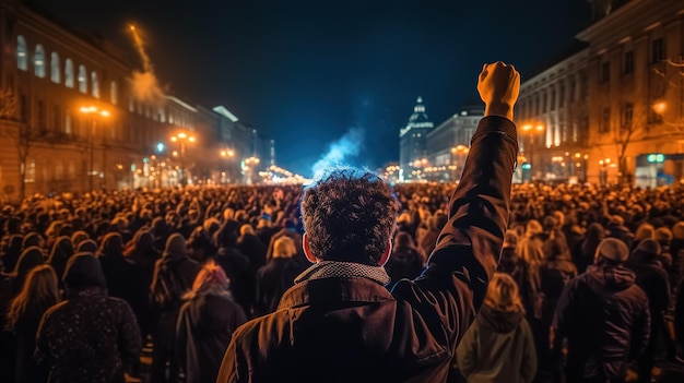 Achteraanzicht van de menigte verzamelde zich om te protesteren tegen generatieve ai