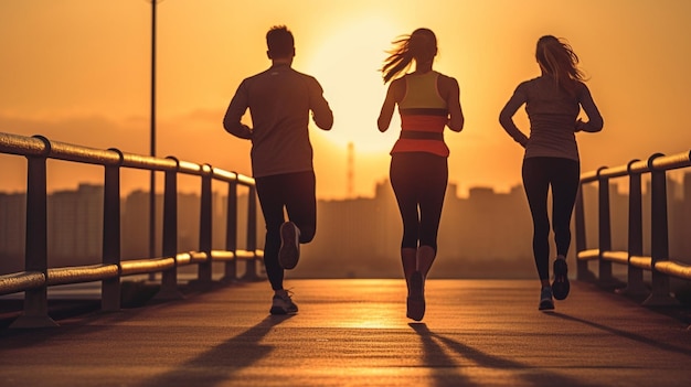 Foto achteraanzicht van drie jonge mensen in sportkleding die 's ochtends samen buiten joggen generatieve ai