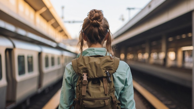 achteraanzicht van een backpacker met een treinstation op de achtergrond