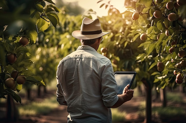 achteraanzicht van een boer man handen bezig met het vasthouden van een tablet op de achtergrond van een fruitboom