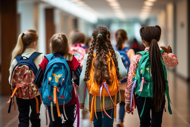 Achteraanzicht van een groep diverse basisschoolmeisjes met elk een rugzak