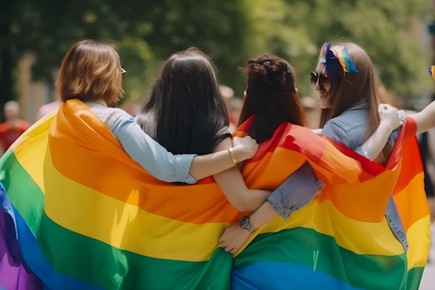 Achteraanzicht van een groep meisjes die rondhangen in de stad tijdens een parade, gehuld in een trotse LGBT-vlag Gegenereerde AI