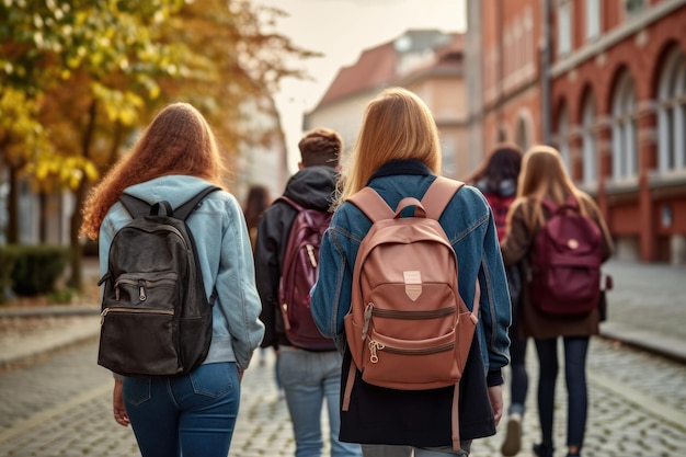 Achteraanzicht van een groep studenten met rugzakken die over straat lopen Achteraanzicht van een groep studenten met rugzakken die over straat lopen middelbare schoolkinderen met schooltassen AI gegenereerd