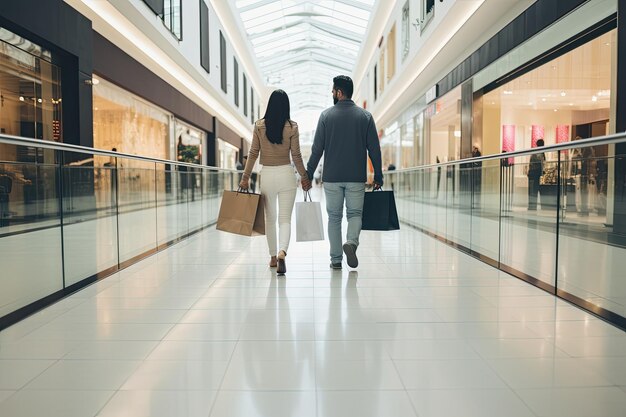 Foto achteraanzicht van een jong stel dat boodschappentassen vasthoudt en in een winkelcentrum loopt echtgenoot en vrouw lopen volledig naar achteren in een winkel