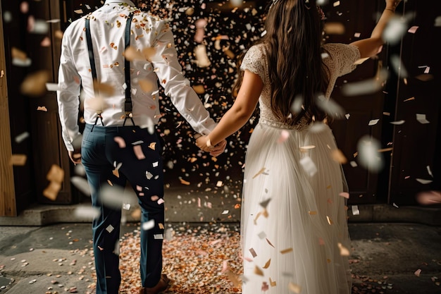 Achteraanzicht van een jong stel hand in hand terwijl ze onder vallende confetti staan Bruid en bruidegom hand in hand verenigd in liefde en toewijding AI gegenereerd