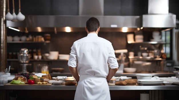 Achteraanzicht van een jonge mannelijke chef-kok die in de keuken van een restaurant staat