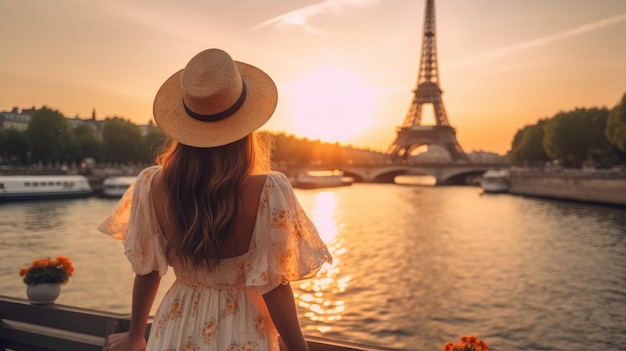 Achteraanzicht van een jonge vrouw die naar Parijs kijkt