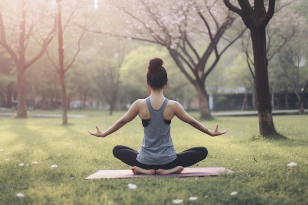 achteraanzicht van een jonge vrouw die yoga beoefent in een openbaar park