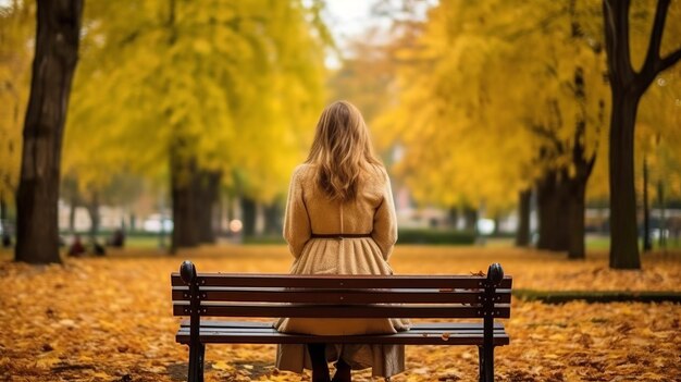 Achteraanzicht van een jonge vrouw zittend op een bankje in het park in de herfst