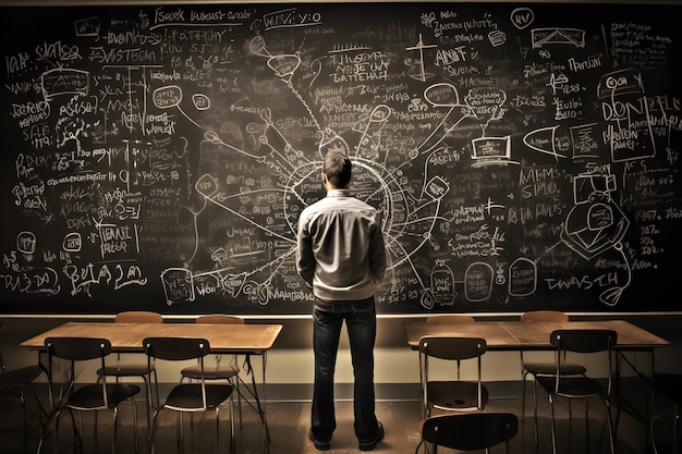 Foto achteraanzicht van een jonge zakenman die voor een schoolbord staat met daarop getekende formules