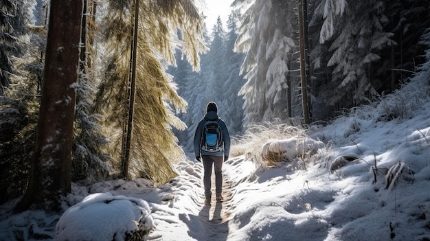 Achteraanzicht van een man die door een besneeuwd bos loopt