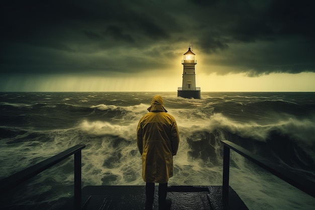 Achteraanzicht van een man met gele regenjas bij een vuurtoren die alleen staat voor een naderende storm