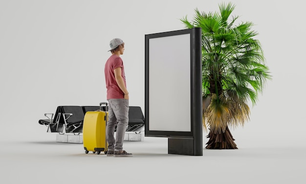 Foto achteraanzicht van een mannelijke reiziger met behulp van een elektronisch reisbord, toerisme reclameconcept. 3d-illusie