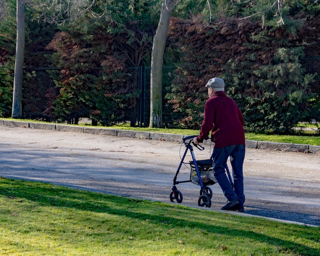 Achteraanzicht van een oudere man met een rollator bij een zebrapad geïsoleerd op straat