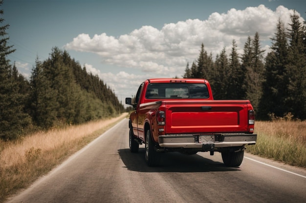 Foto achteraanzicht van een rode pick-up truck die op een landweg rijdt