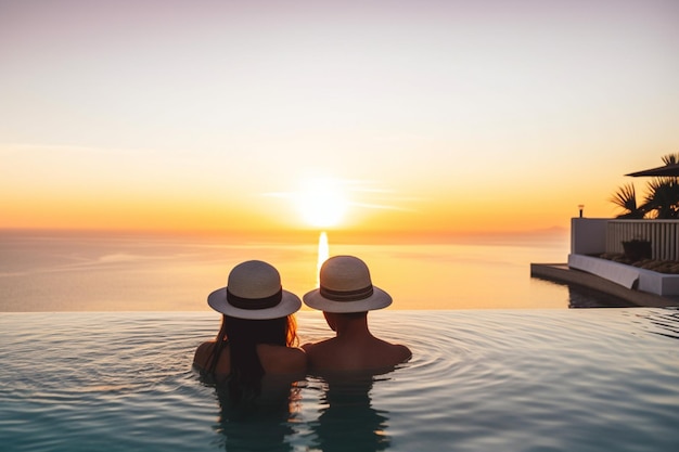 Achteraanzicht van een romantisch koppel op zomervakantie genieten van de zonsondergang boven de zee