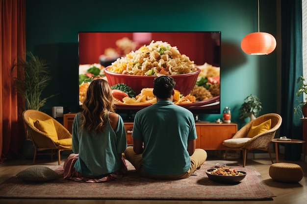 Achteraanzicht van een stel dat in de woonkamer een film op tv kijkt terwijl ze afhaalmaaltijden eten