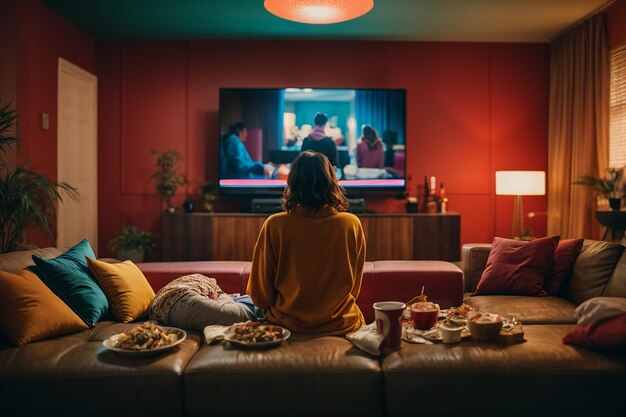 Achteraanzicht van een stel dat in de woonkamer een film op tv kijkt terwijl ze afhaalmaaltijden eten