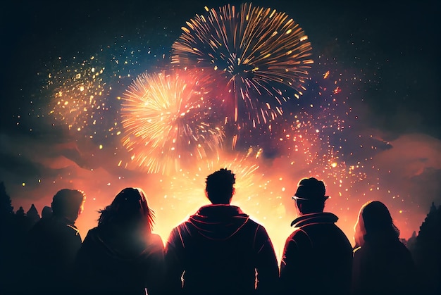 Achteraanzicht van een volk dat het nieuwe jaar viert en vuurwerk ziet aftellen naar het nieuwe jaarconcept