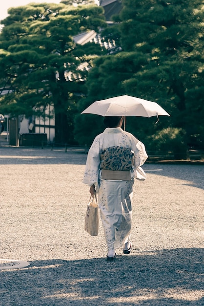 Achteraanzicht van een vrouw in traditionele Japanse kleding met een paraplu