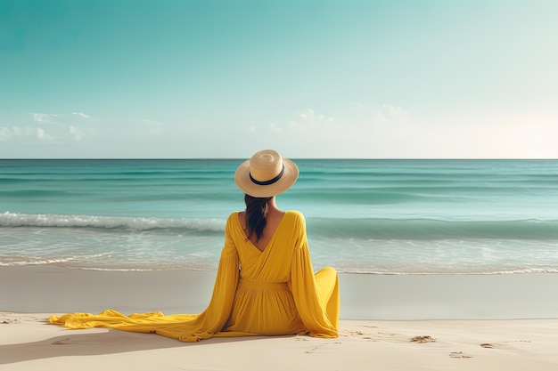 Achteraanzicht van een vrouw met een hoed op een strand