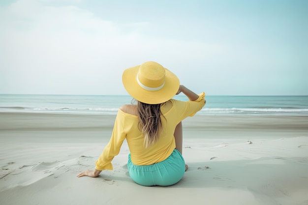 Achteraanzicht van een vrouw met een hoed op een strand