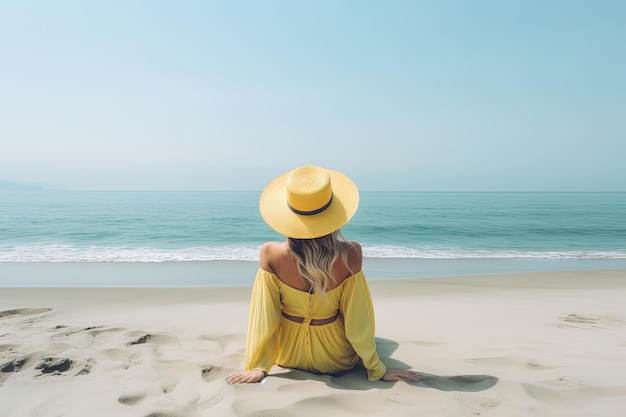 Achteraanzicht van een vrouw met een hoed op een strand