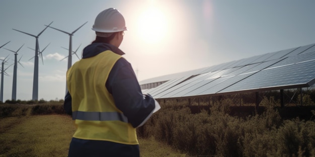 Foto achteraanzicht van een vrouwelijke ingenieur die werkt op een zonnepark met een helm generative ai aig20