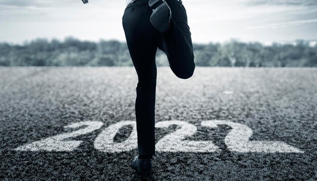 Achteraanzicht van een zakenman die op de straat van 2022 loopt. Gelukkig nieuwjaar 2022