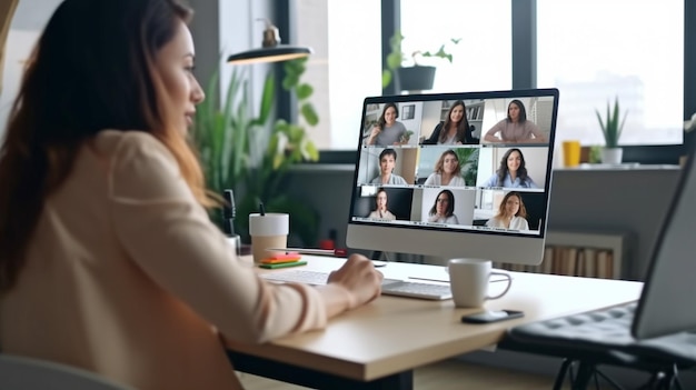 Achteraanzicht van een zakenvrouw die een zakelijk idee bespreekt met collega's tijdens een videogesprek Generatieve AI