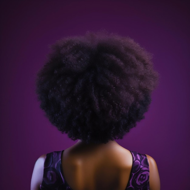 Achteraanzicht van een zwarte vrouw met een groot krullend haar op een paarse achtergrond