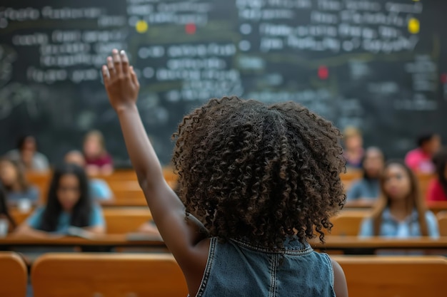 Achteraanzicht van een zwarte vrouwelijke student tijdens een lezing die haar hand opsteekt om vragen te stellen ruimte Generatieve AI