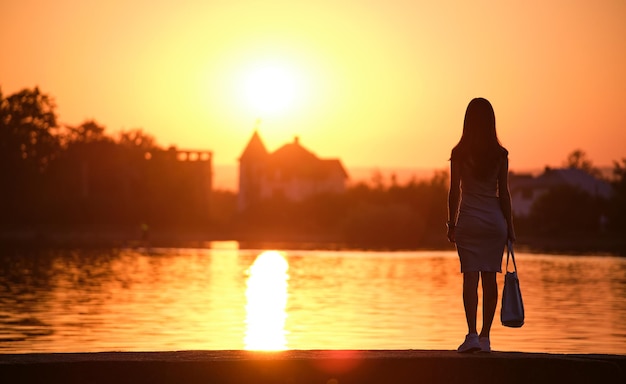 Achteraanzicht van eenzame jonge vrouw die alleen staat op de oever van het meer en geniet van een warme avond. Welzijn en ontspannen in de natuur concept.