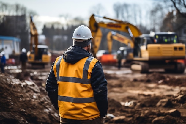 Achteraanzicht van ingenieur die toezicht houdt op de bouw