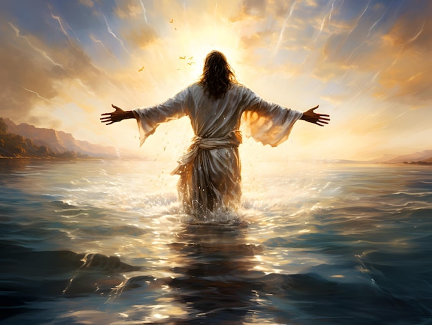 Achteraanzicht van Jezus Christus die over het water loopt en de storm kalmeert