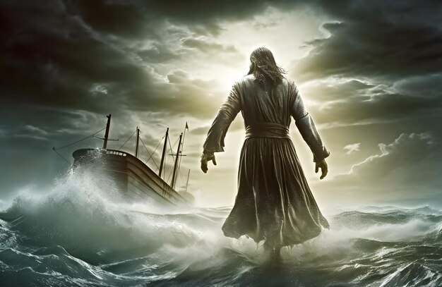 Foto achteraanzicht van jezus christus die over het water over de zee loopt naar een boot tijdens storm bijbels thema