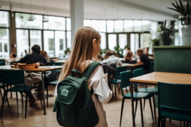 Achteraanzicht van jong schoolmeisje dat cafetaria binnengaat