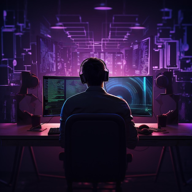 Achteraanzicht van jonge programmeur in nachtlicht Ai gegenereerde kunst