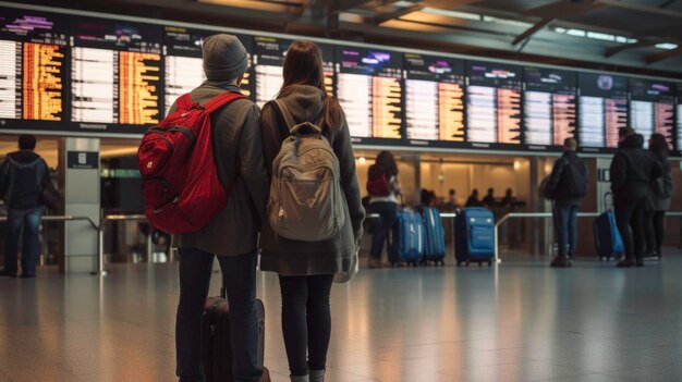 Achteraanzicht van man en vrouw met rugzakken die naar het vluchtinformatiebord kijken