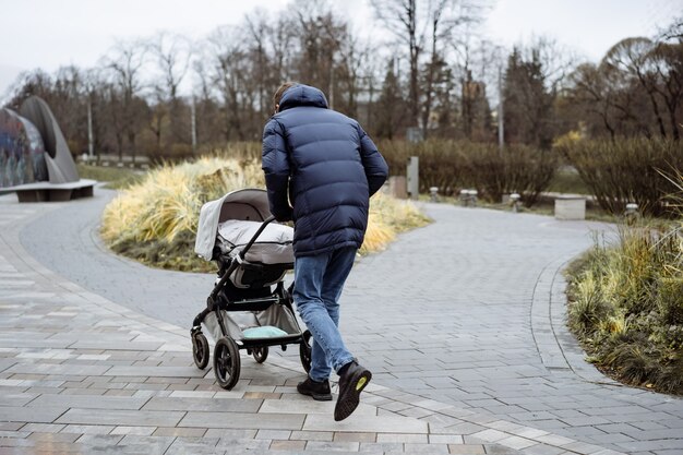 achteraanzicht van man lopen met kinderwagen in park